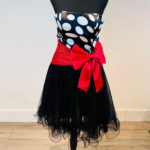 Jolene Black & White Polka Dot with Red Waist Bow sz 10 Semi-Formal Party Dress - Picture 1 of 10